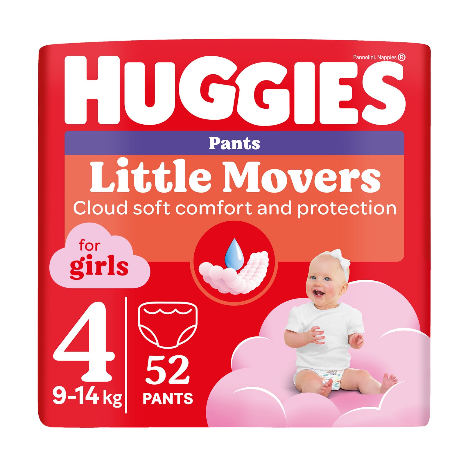 Підгузки-трусики Huggies Little Movers Pants для дівчаток, розмір 4 (9-14 кг), 52 шт