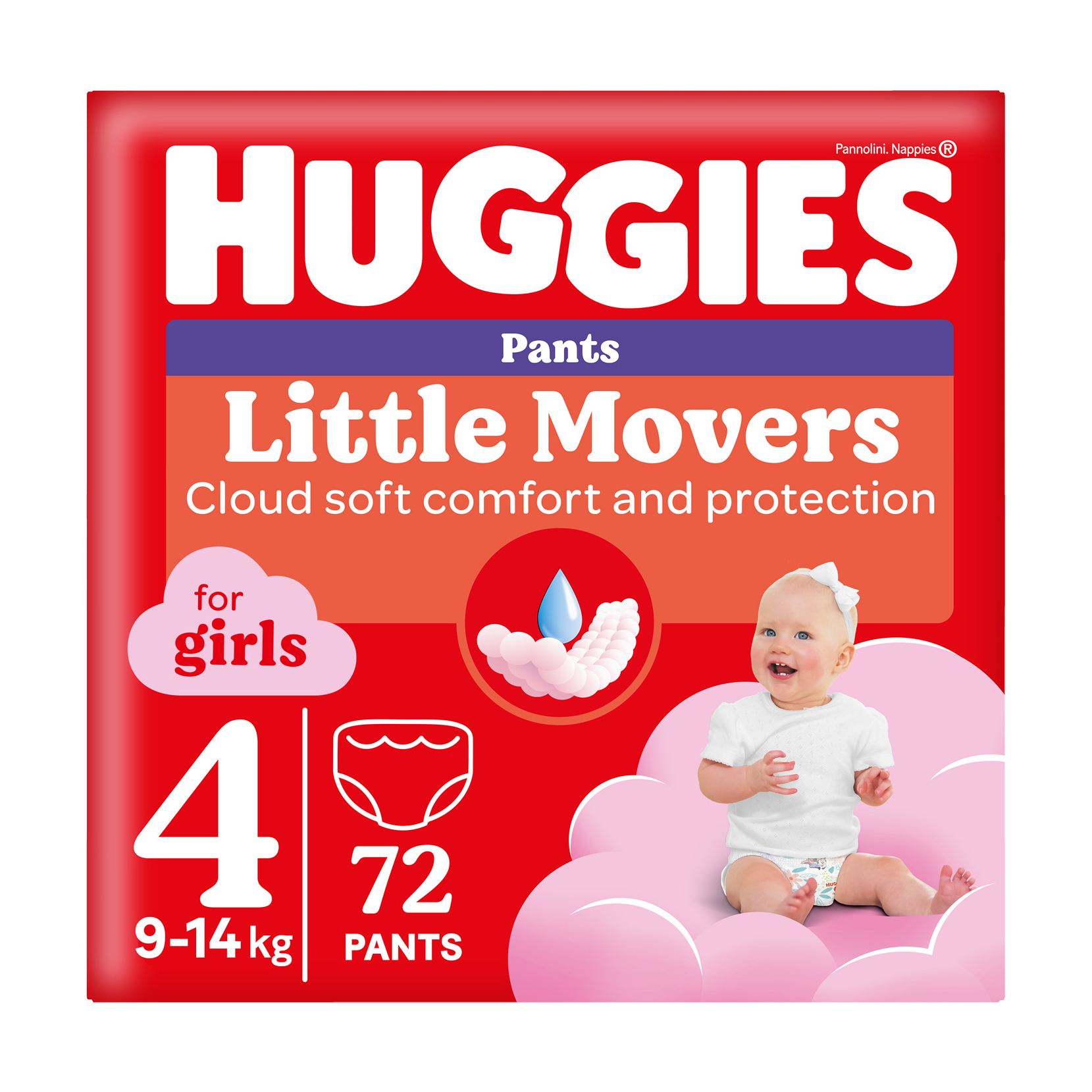 Підгузки-трусики Huggies Little Movers Pants для дівчаток, розмір 4 (9-14 кг), 72 шт