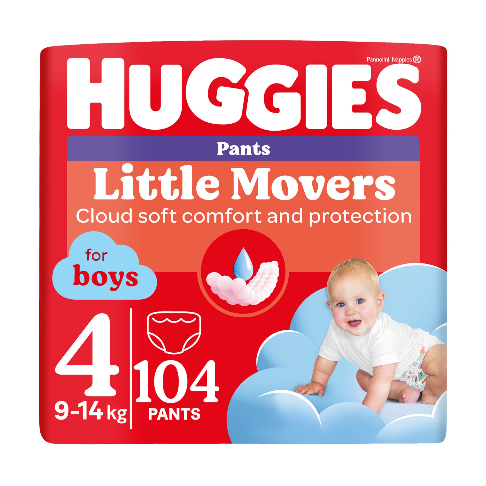 Підгузки-трусики Huggies Little Movers Pants для хлопчиків, розмір 4 (9-14 кг), 104 шт